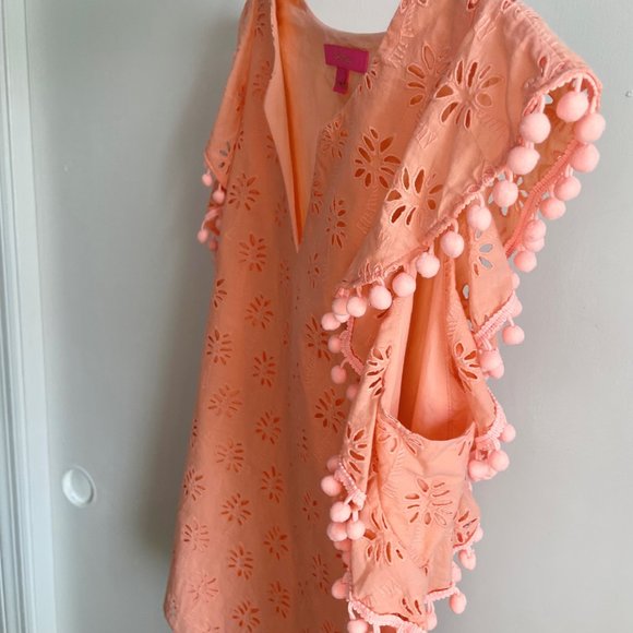 Lilly Pulitzer Astara Top Peach Palm Tree Eyelet Pom Pom Sleeve V Neck Blouse S - Picture 11 of 12